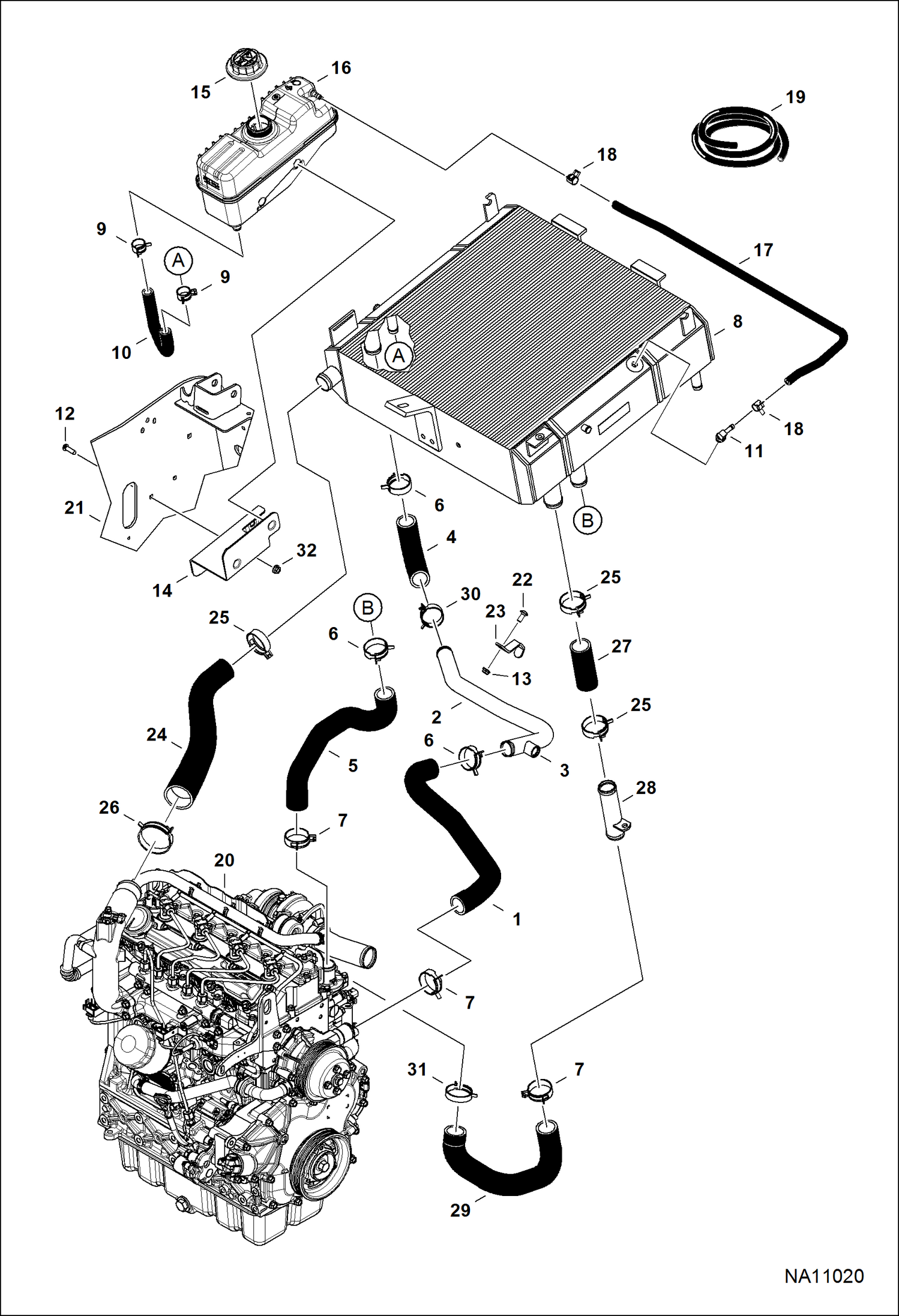 Схема ДВИГАТЕЛЬ И КРЕПЕЖНЫЕ ДЕТАЛИ (ТЕПЛООБМЕННИК РАДИАТОРА)