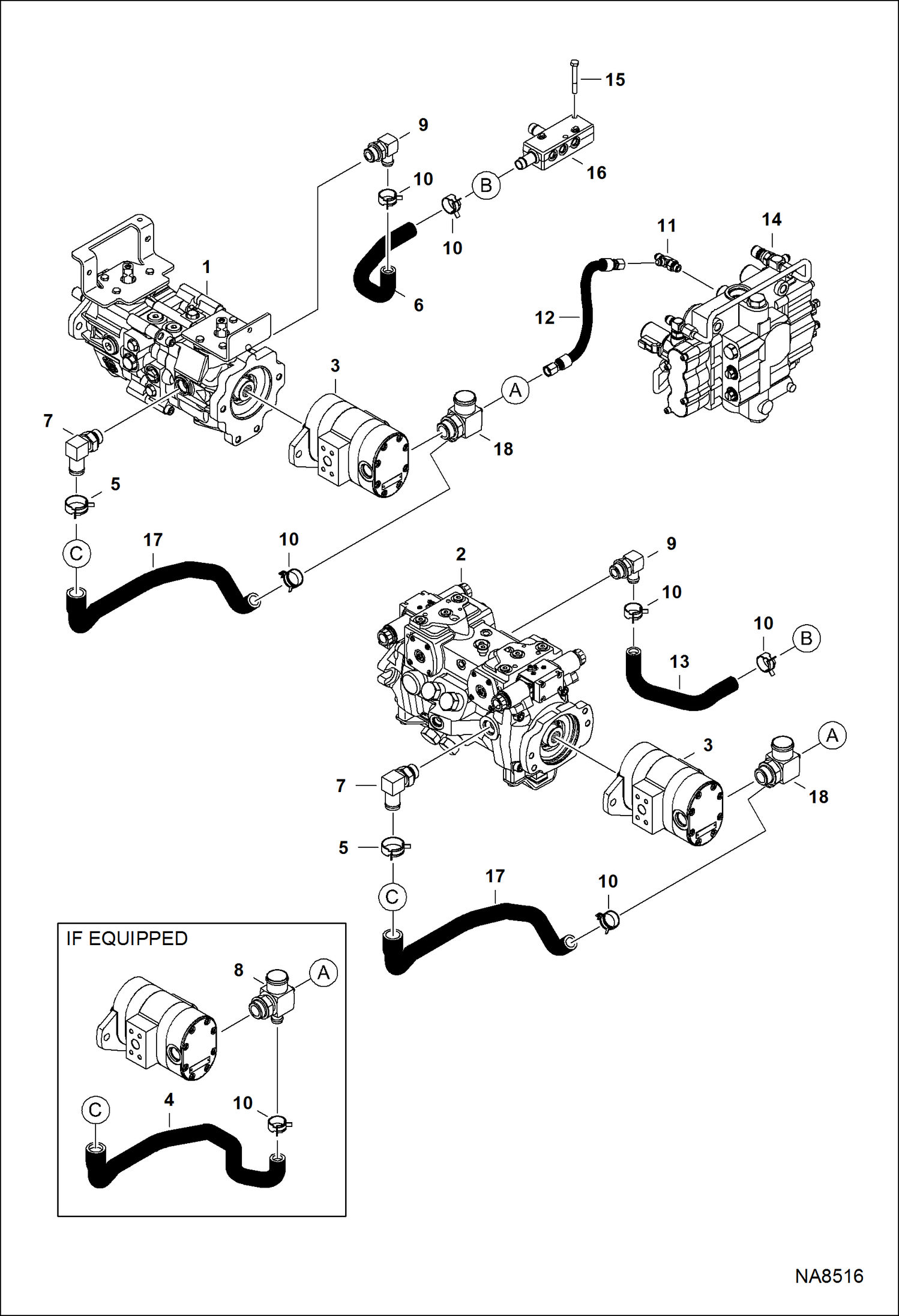 СХЕМА ГИДРОСТАТИЧЕСКОЙ СИСТЕМЫ (ГИДРОСТАТИЧЕСКИЙ НАСОС) (КОЛЛЕКТОР СЛИВОВ КАРТЕРА) (СЕРИЙНЫЙ НОМЕР B1EM11001 - B1EM11089)