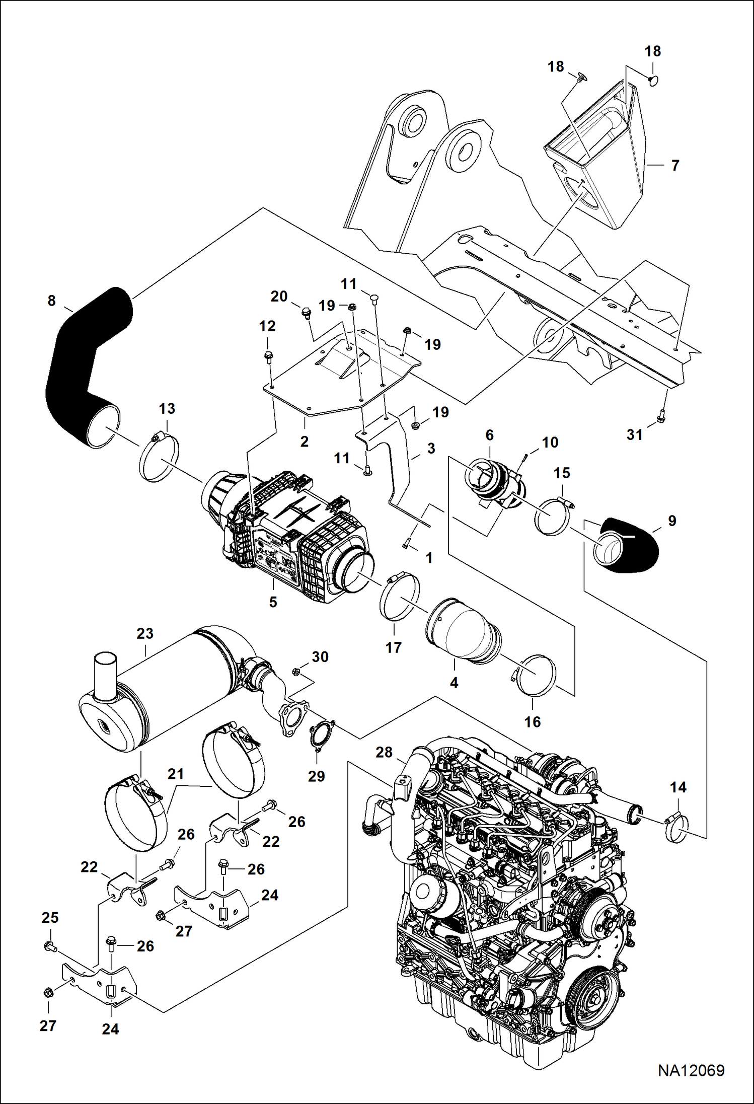 ДВИГАТЕЛЬ И КРЕПЕЖНЫЕ ДЕТАЛИ (ВОЗДУХООЧИСТИТЕЛЬ И ГЛУШИТЕЛЬ) (СЕРИЙНЫЙ НОМЕР B2LA11390 И ВЫШЕ)