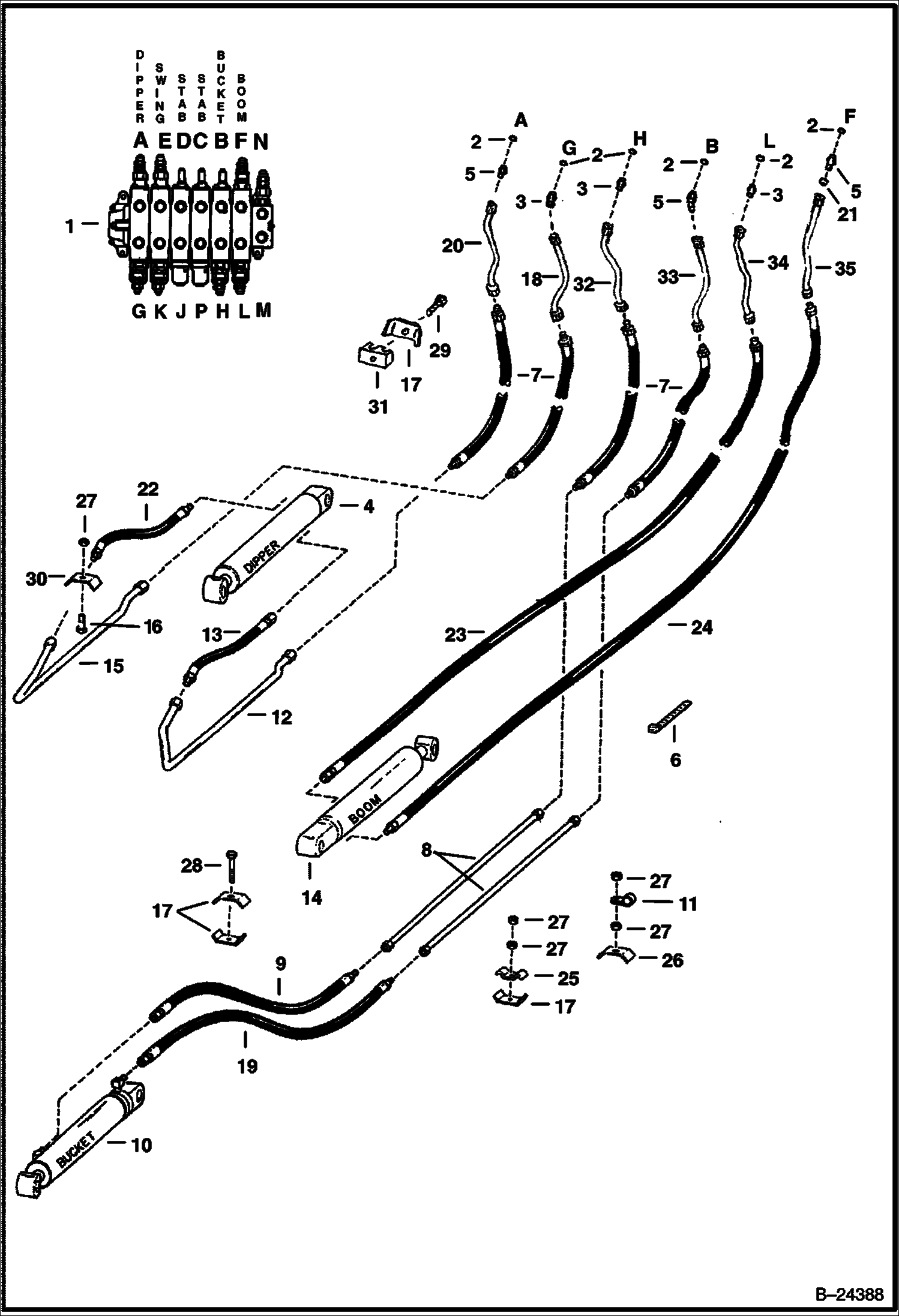 СХЕМА ГИДРАВЛИЧЕСКОЙ СИСТЕМЫ - СТРЕЛА 835SH - СЕРИЙНЫЙ НОМЕР 9923 (ПЕРВАЯ ИЗ 4 РАЗРЯДНОСТИ)