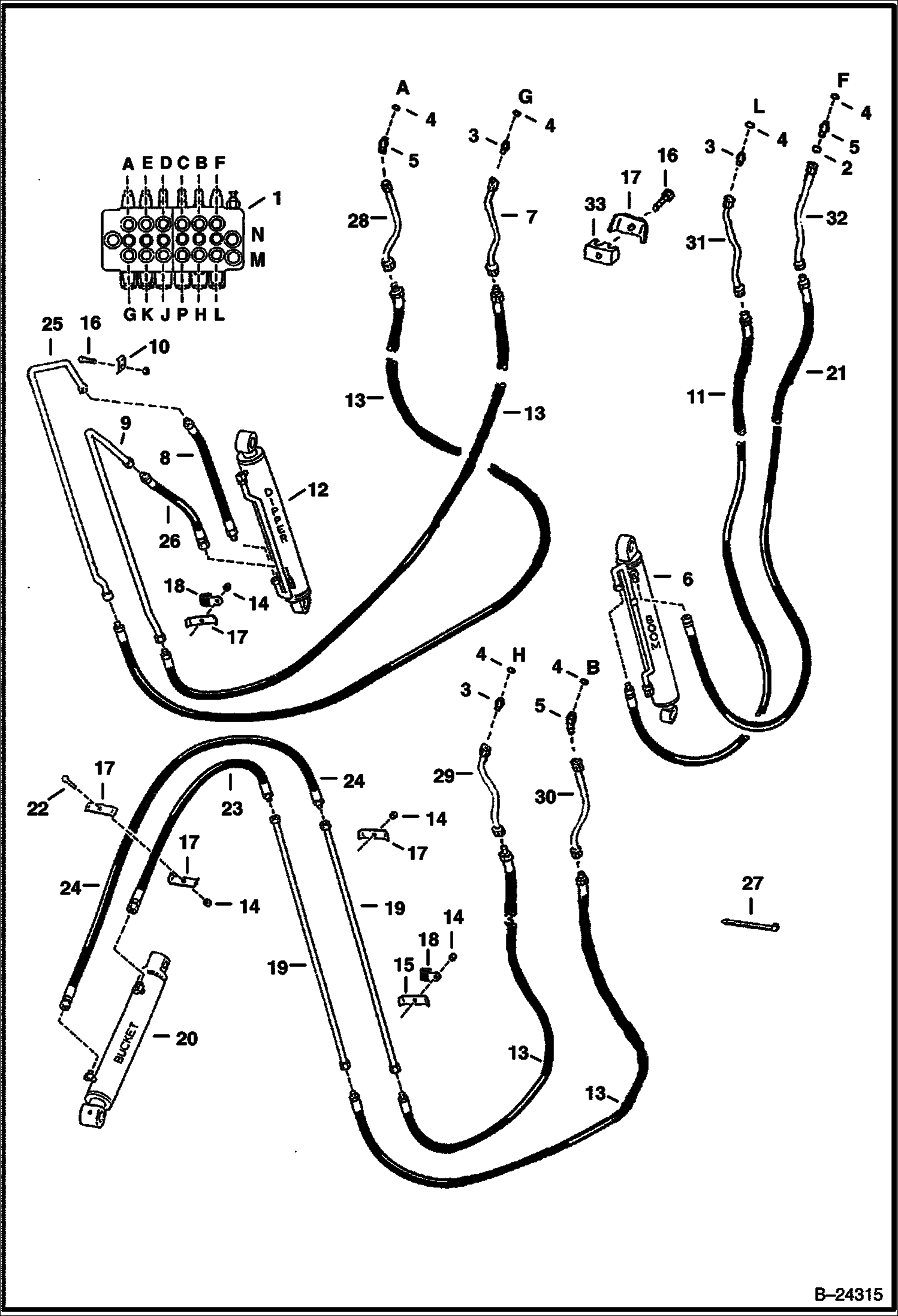 СХЕМА ГИДРАВЛИЧЕСКОЙ СИСТЕМЫ СТРЕЛЫ (С ВСПОМОГАТЕЛЬНЫМИ) (232900101 И ВЫШЕ)