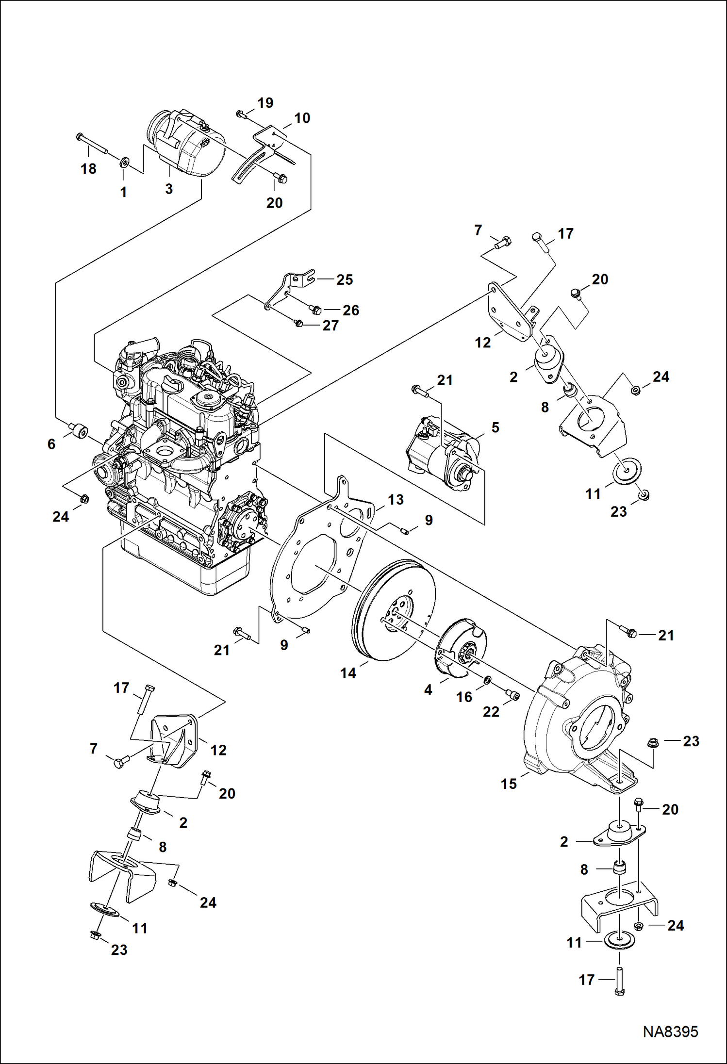 ДВИГАТЕЛЬ И КРЕПЕЖНЫЕ ДЕТАЛИ (МАХОВИК, СТАРТЕР, ГЕНЕРАТОР ПЕРЕМЕННОГО ТОКАИ КРЕПЛЕНИЕ ДВИГАТЕЛЯ)