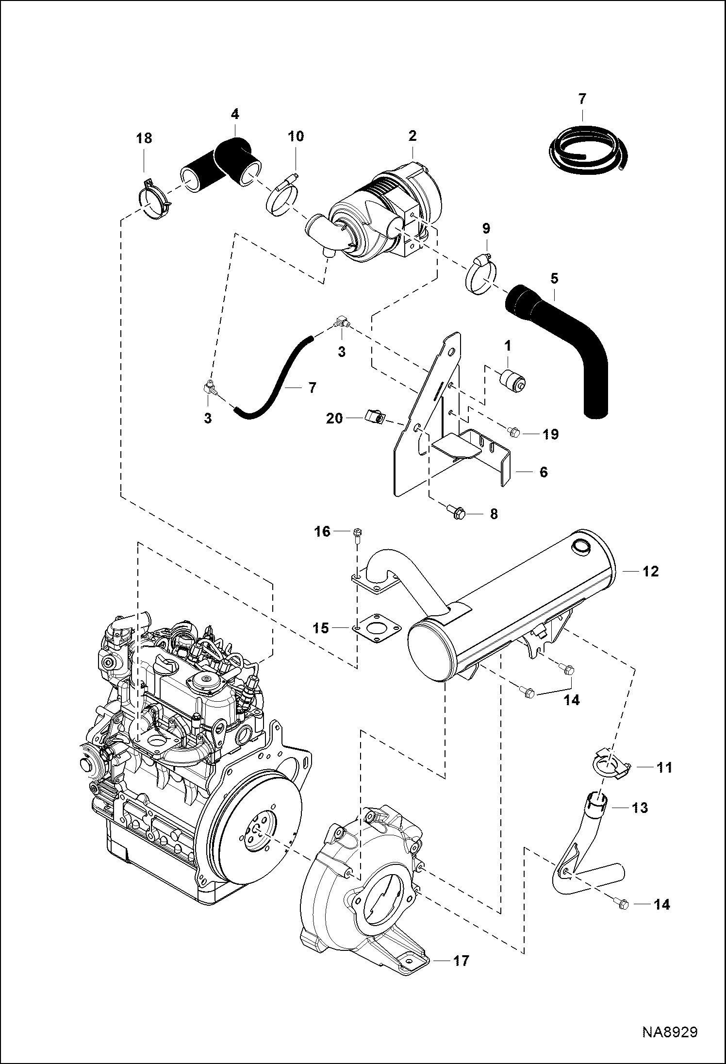 ДВИГАТЕЛЬ И КРЕПЕЖНЫЕ ДЕТАЛИ (ВОЗДУХООЧИСТИТЕЛЬ, ГЛУШИТЕЛЬ)