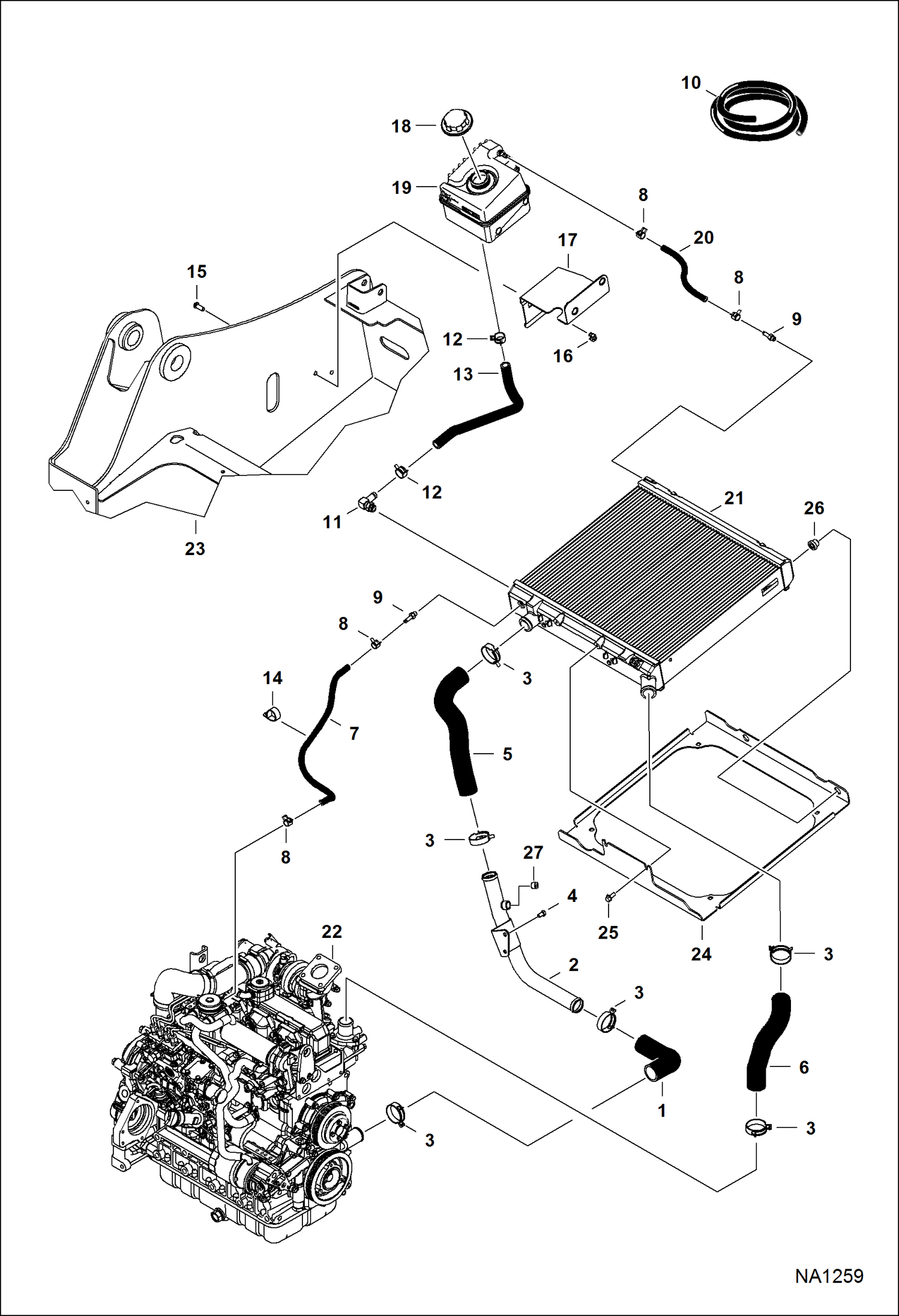 ДВИГАТЕЛЬ И КРЕПЕЖНЫЕ ДЕТАЛИ (ТЕПЛООБМЕННИК РАДИАТОРА) (СЕРИЙНЫЙ НОМЕР A3NV11001 - A3NV24362, A3NW11001 - A3NW13371)