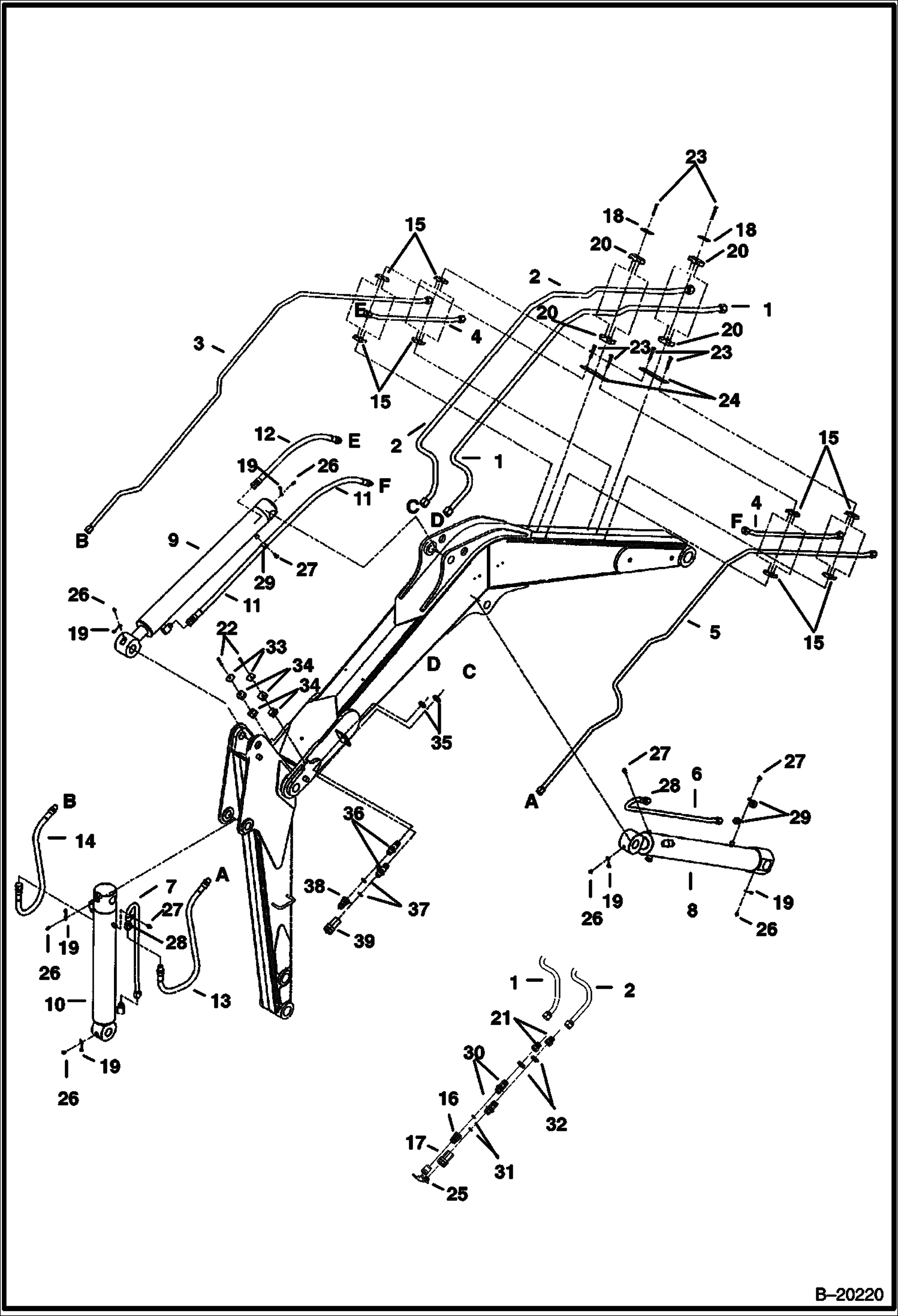 СХЕМА ГИДРАВЛИЧЕСКОЙ СИСТЕМЫ (РУКОЯТЬ, СТРЕЛА, КОВШ И ВСПОМОГАТЕЛЬНОЕ УСТРОЙСТВО) (СЕРИЙНЫЙ НОМЕР 12000 И ВЫШЕ)