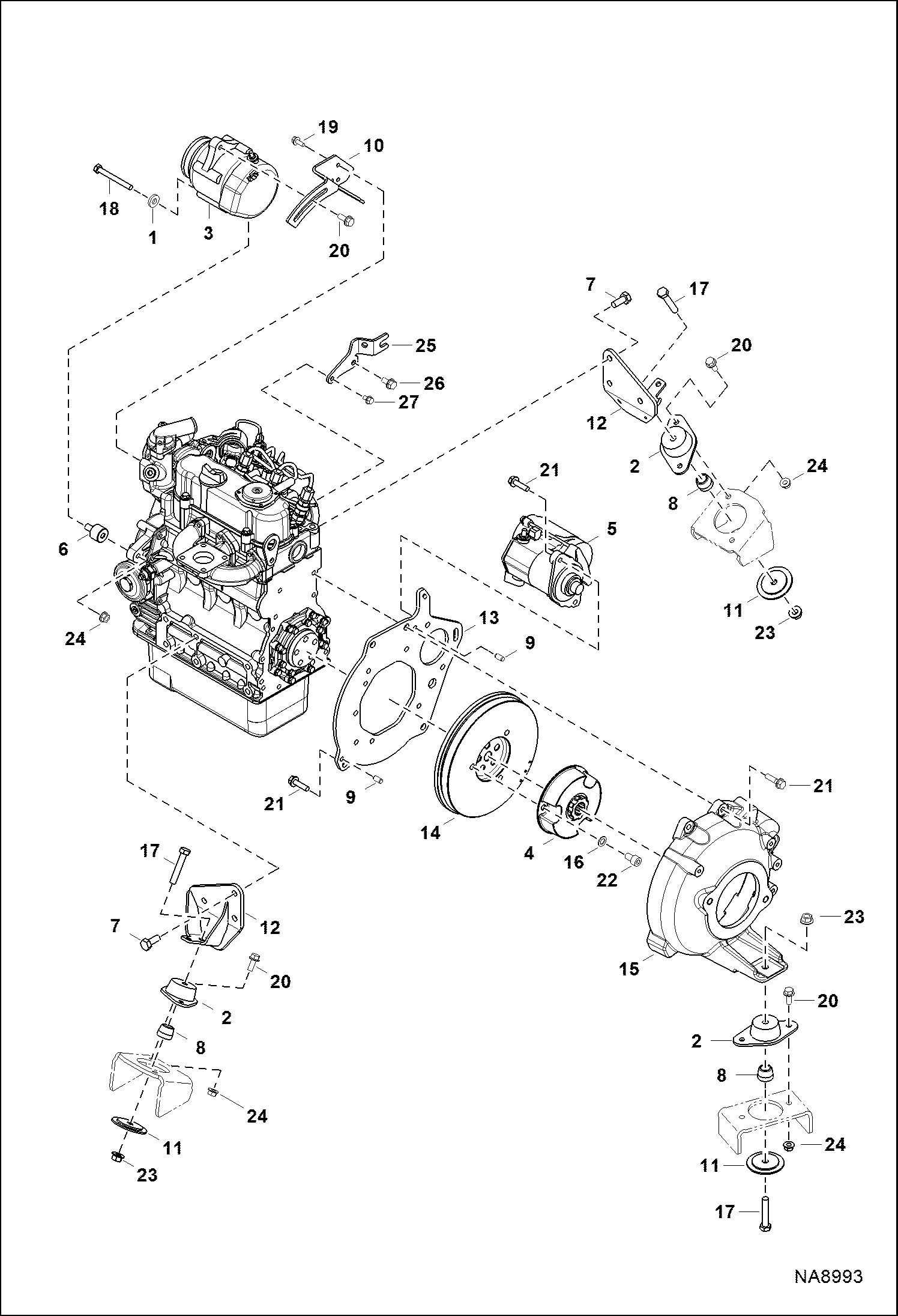 ДВИГАТЕЛЬ И КРЕПЕЖНЫЕ ДЕТАЛИ (МАХОВИК, СТАРТЕР, ГЕНЕРАТОР ПЕРЕМЕННОГО ТОКАИ КРЕПЛЕНИЕ ДВИГАТЕЛЯ)