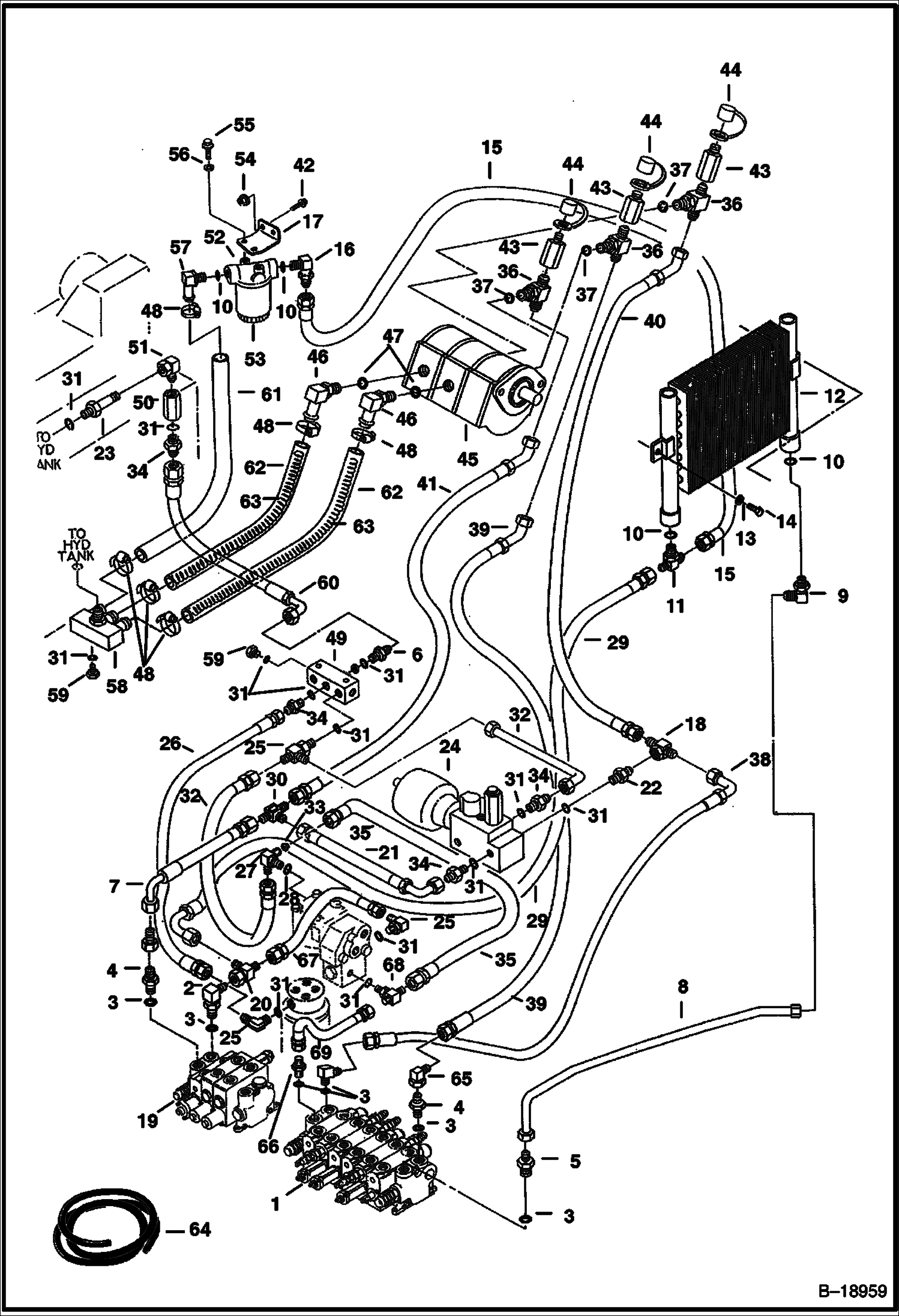 СХЕМА ГИДРАВЛИЧЕСКОЙ СИСТЕМЫ (ИЗ НАСОСА В КЛАПАН В КАМЕРУ ОХЛАЖДЕНИЯ В ФИЛЬТР) (СЕРИЙНЫЙ НОМЕР 511725131 И ВЫШЕ)