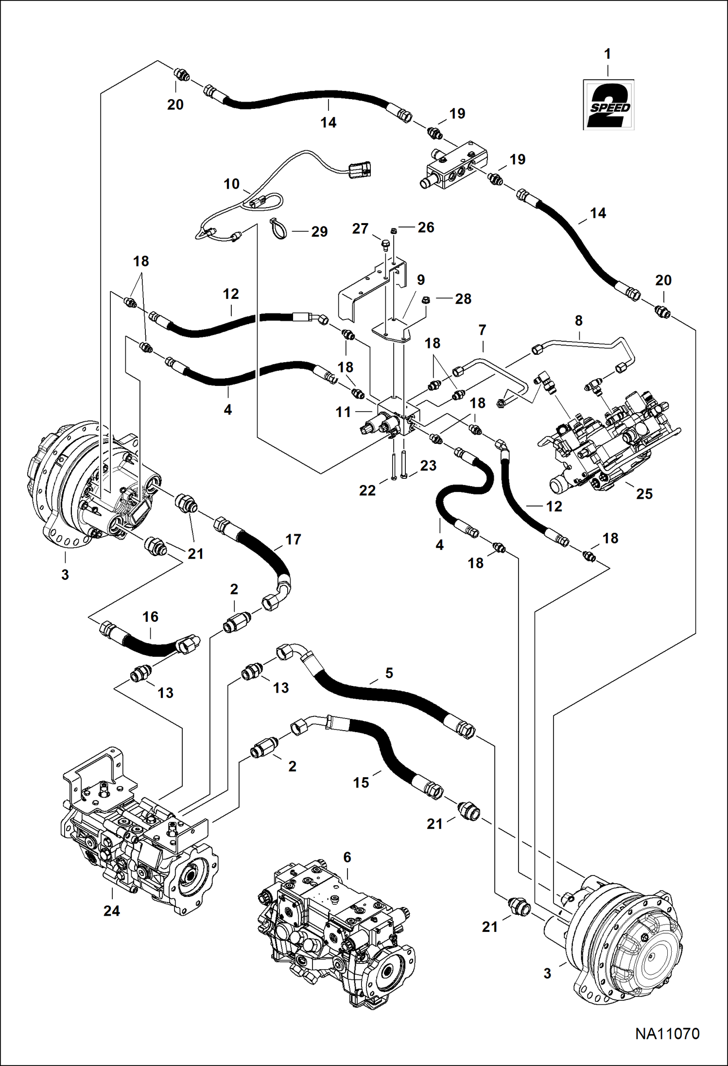 СХЕМА ГИДРОСТАТИЧЕСКОЙ СИСТЕМЫ (2-СКОРОСТЬ ДВИГАТЕЛЯ) (СЕРИЙНЫЙ НОМЕР ALJU19179 И ВЫШЕ)