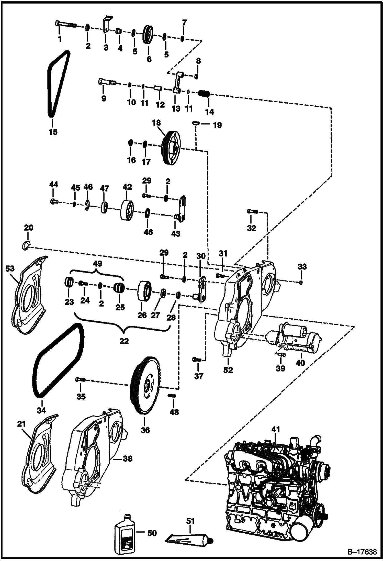 ДВИГАТЕЛЬ И КРЕПЕЖНЫЕ ДЕТАЛИ (СИСТЕМА РЕМНЕЙ ПРИВОДА - С НЕПОДВИЖНЫМ НАТЯЖНЫМ КОЛЕСО)