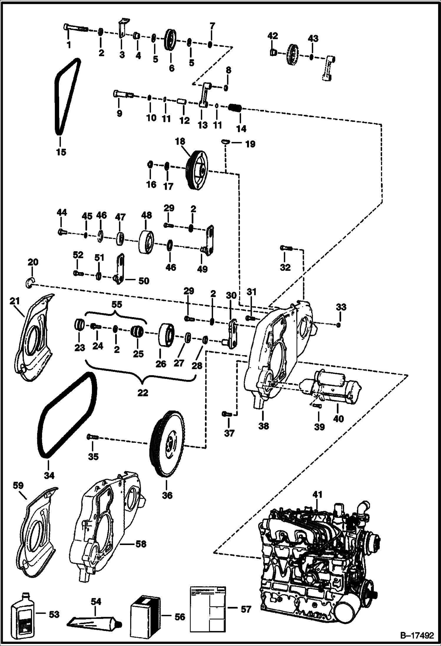ДВИГАТЕЛЬ И КРЕПЕЖНЫЕ ДЕТАЛИ (СИСТЕМА РЕМНЕЙ ПРИВОДА - С НЕПОДВИЖНЫМ НАТЯЖНЫМ КОЛЕСО)
