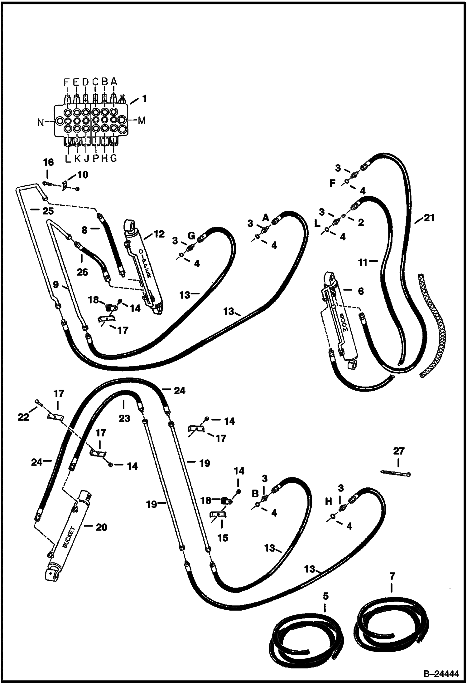 СХЕМА ГИДРАВЛИЧЕСКОЙ СИСТЕМЫ СТРЕЛЫ (БЕЗ ВСПОМОГАТЕЛЬНЫХ) (401500101 И ВЫШЕ)