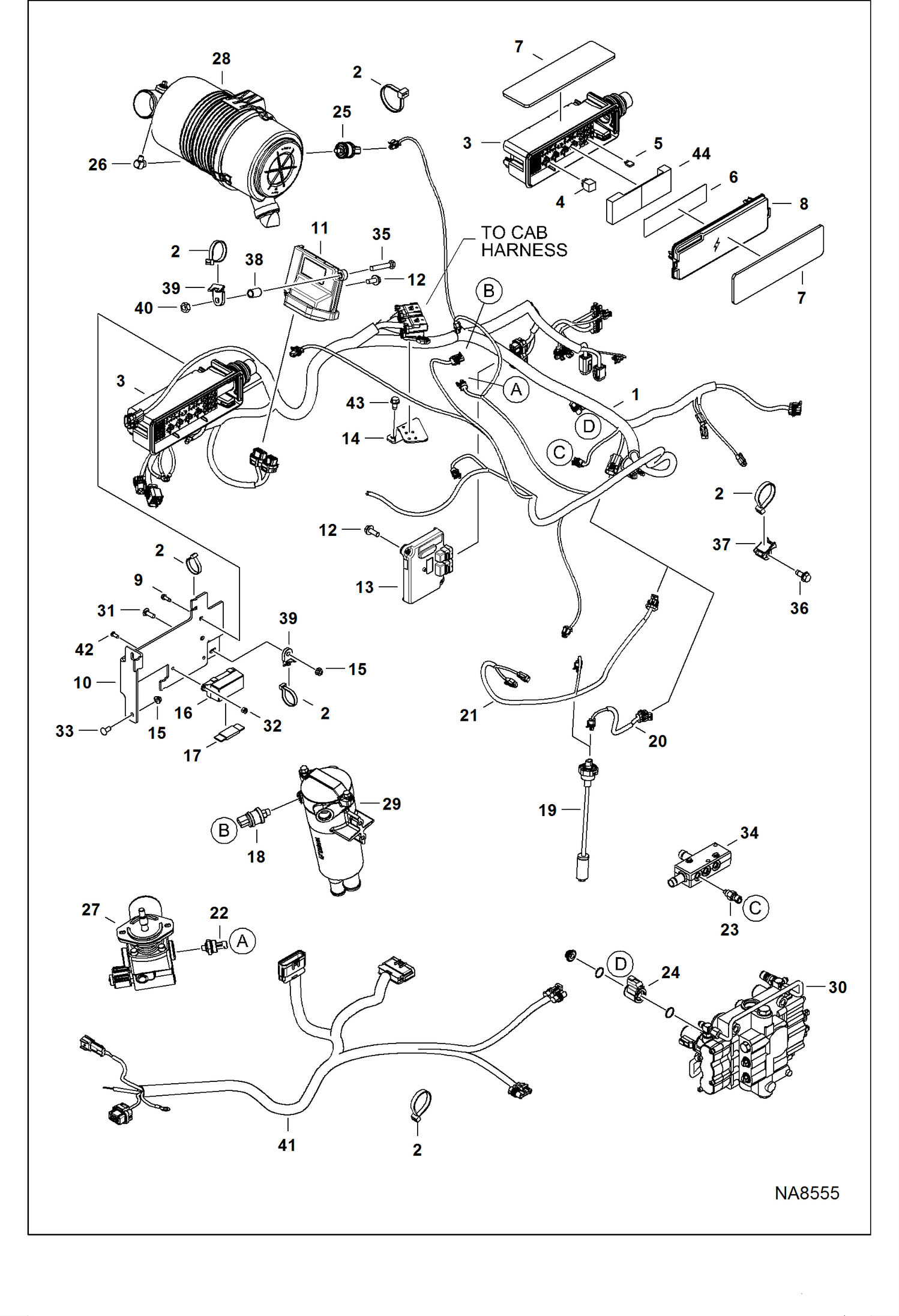 ЭЛЕКТРОСХЕМА ДВИГАТЕЛЯ (ГЛАВНЫЙ ЖГУТ ПРОВОДОВ РАМЫ И ДАТЧИКИ ФИЛЬТРА)