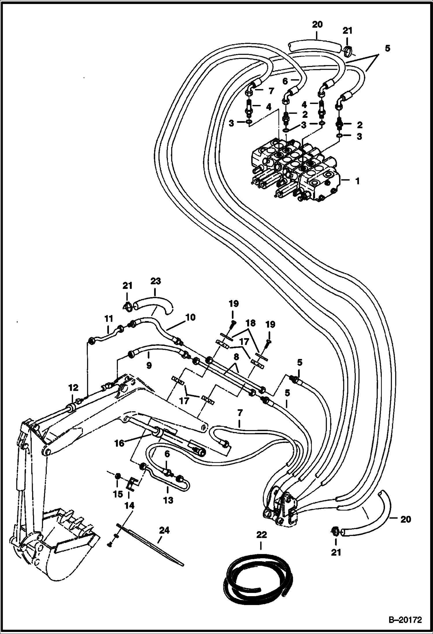 СХЕМА ГИДРАВЛИЧЕСКОЙ СИСТЕМЫ (РУКОЯТЬ И СТРЕЛА) (СЕРИЙНЫЙ НОМЕР 511820001 - 511820519)
