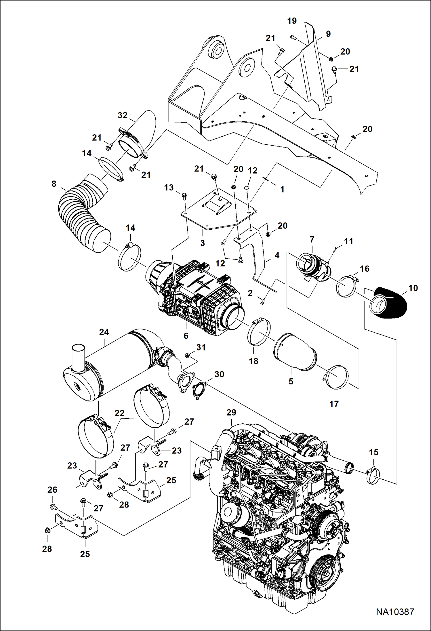 Схема ДВИГАТЕЛЬ И КРЕПЕЖНЫЕ ДЕТАЛИ (ВОЗДУХООЧИСТИТЕЛЬ И ГЛУШИТЕЛЬ) (B37811001 - B37812060)