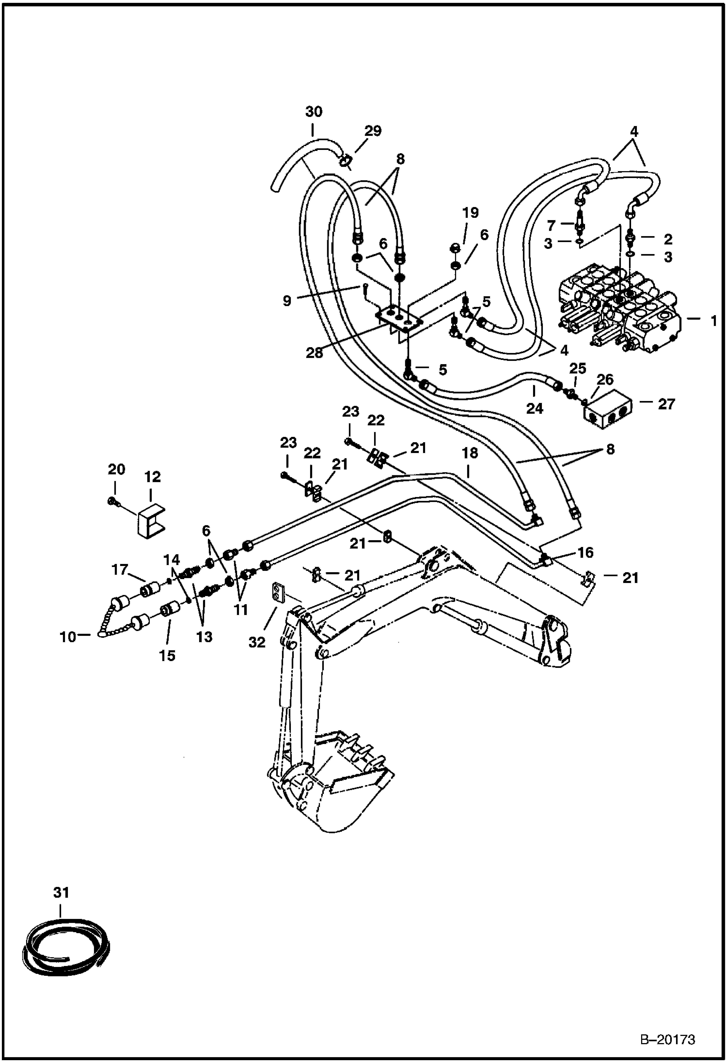 СХЕМА ГИДРАВЛИЧЕСКОЙ СИСТЕМЫ (ИЗ КЛАПАНА В ВСПОМОГАТЕЛЬНОЕ ОБОРУДОВАНИЕ) (СЕРИЙНЫЙ НОМЕР 511820001 - 511820519)