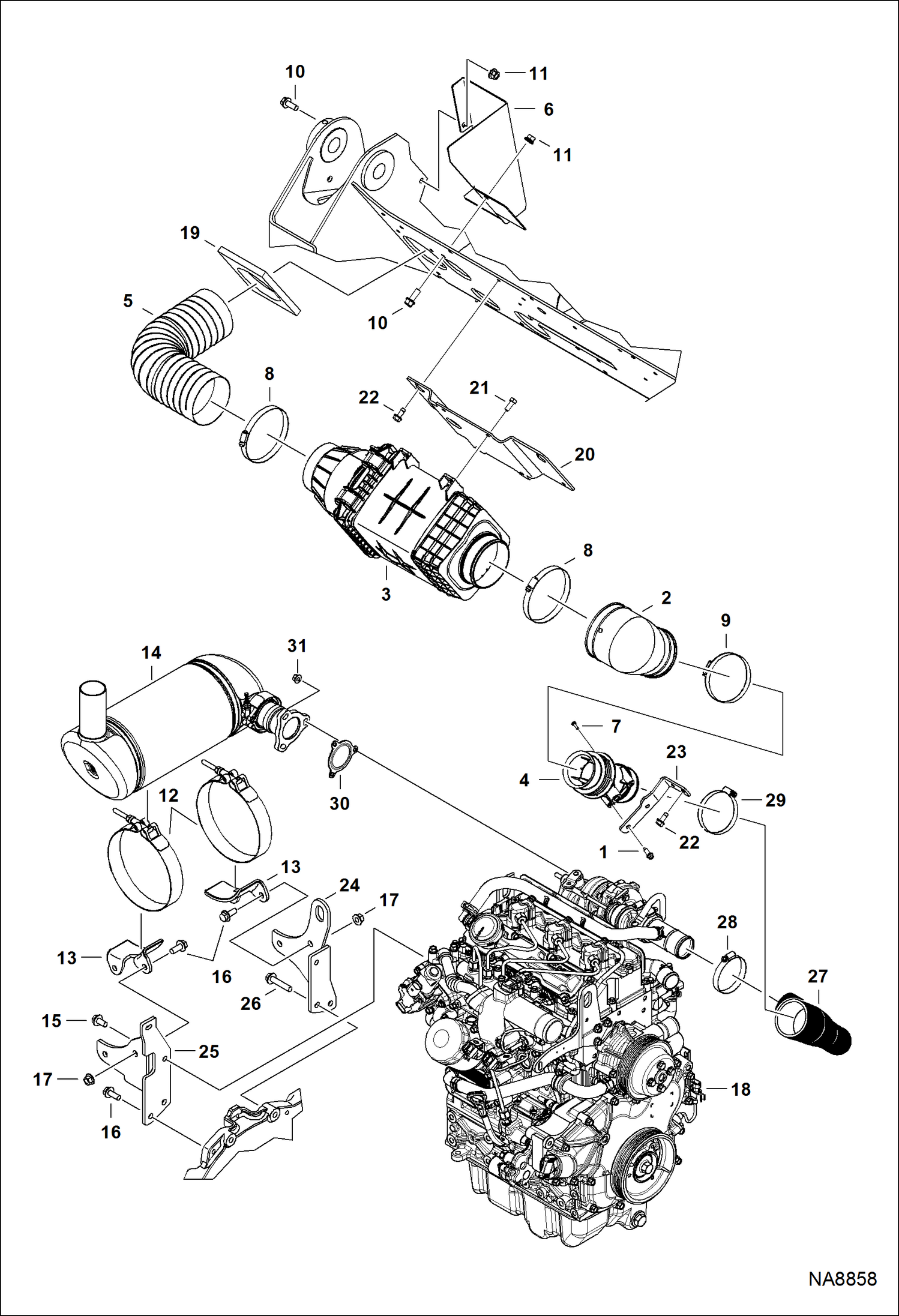 ДВИГАТЕЛЬ И КРЕПЕЖНЫЕ ДЕТАЛИ (ВОЗДУХООЧИСТИТЕЛЬ И ГЛУШИТЕЛЬ)