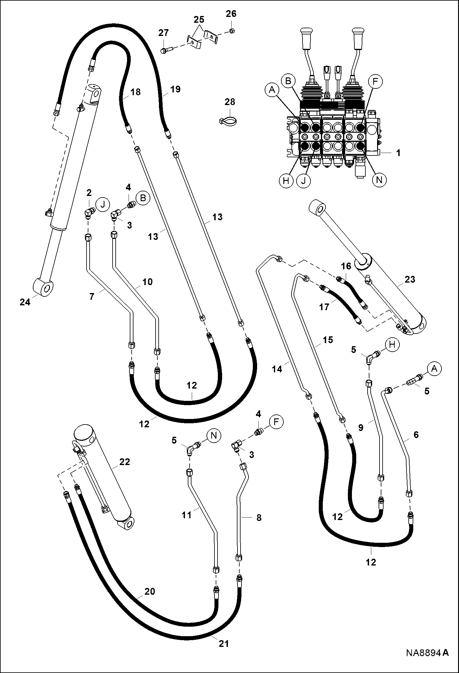 ЭКСКАВАТОР-ПОГРУЗЧИК (СХЕМА ГИДРАВЛИЧЕСКОЙ СИСТЕМЫ СТРЕЛЫ) (7BH B3BG)