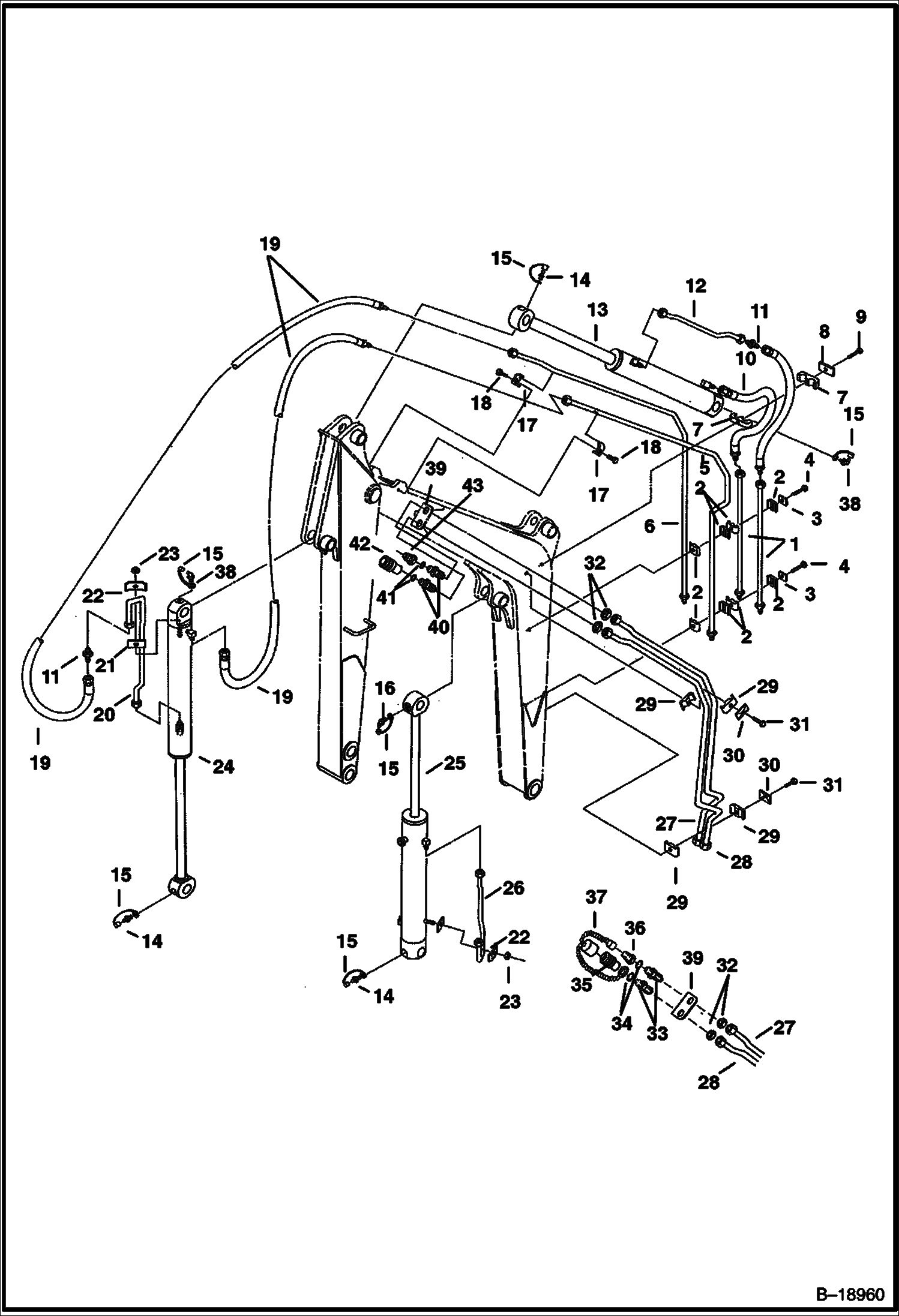 СХЕМА ГИДРАВЛИЧЕСКОЙ СИСТЕМЫ (СТРЕЛА, РУКОЯТЬ И ВСПОМОГАТЕЛЬНОЕ ОБОРУДОВАНИЕ) (СЕРИЙНЫЙ НОМЕР 511720001 - 511721115)