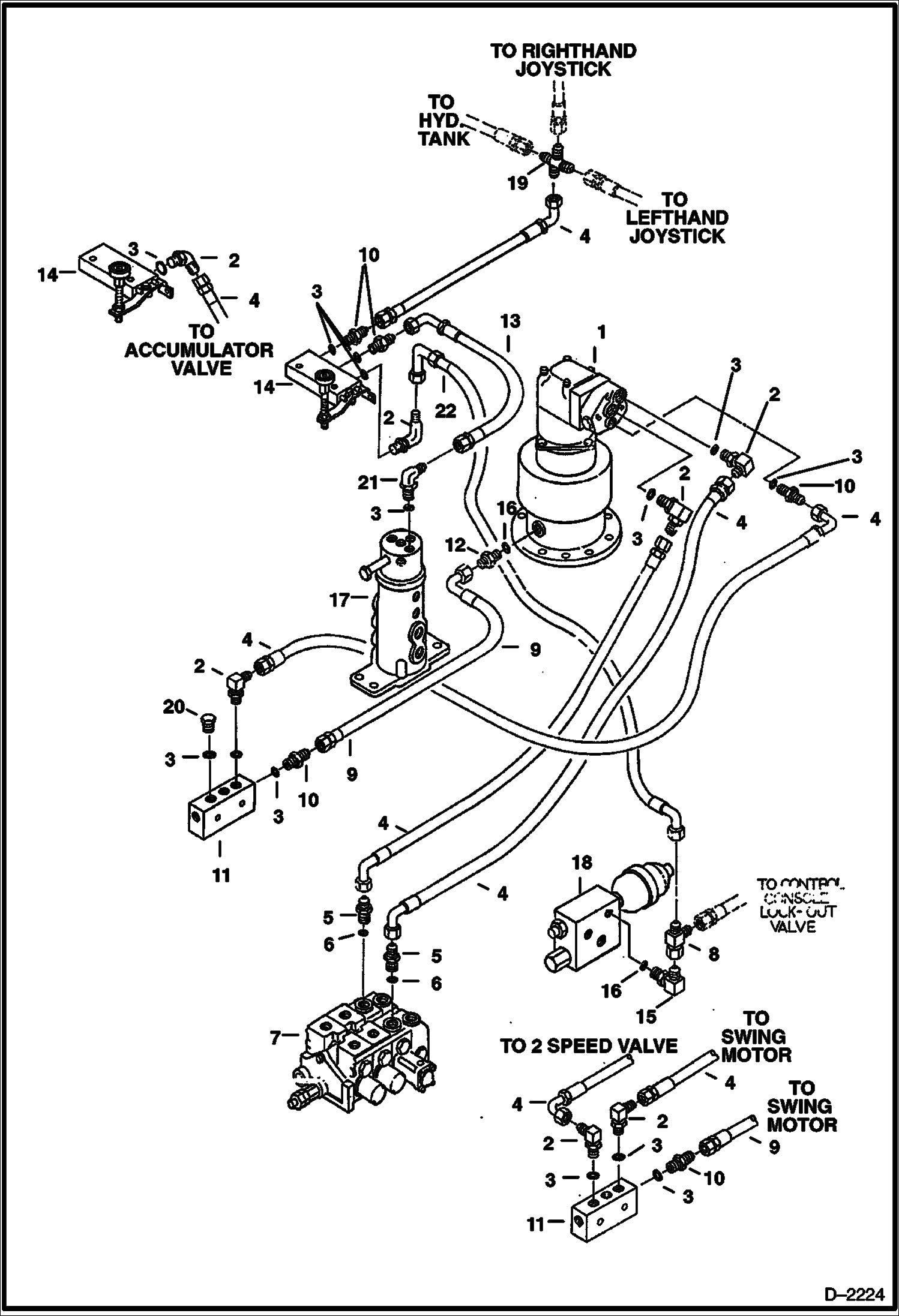 СХЕМА ГИДРАВЛИЧЕСКОЙ СИСТЕМЫ (ИЗ КЛАПАНА В ГИДРОМОТОР ПОВОРОТА ПЛАТФОРМЫ В 2-СКОРОСТНОЙ КЛАПАН) (СЕРИЙНЫЙ НОМЕР 508912469 И ВЫШЕ)