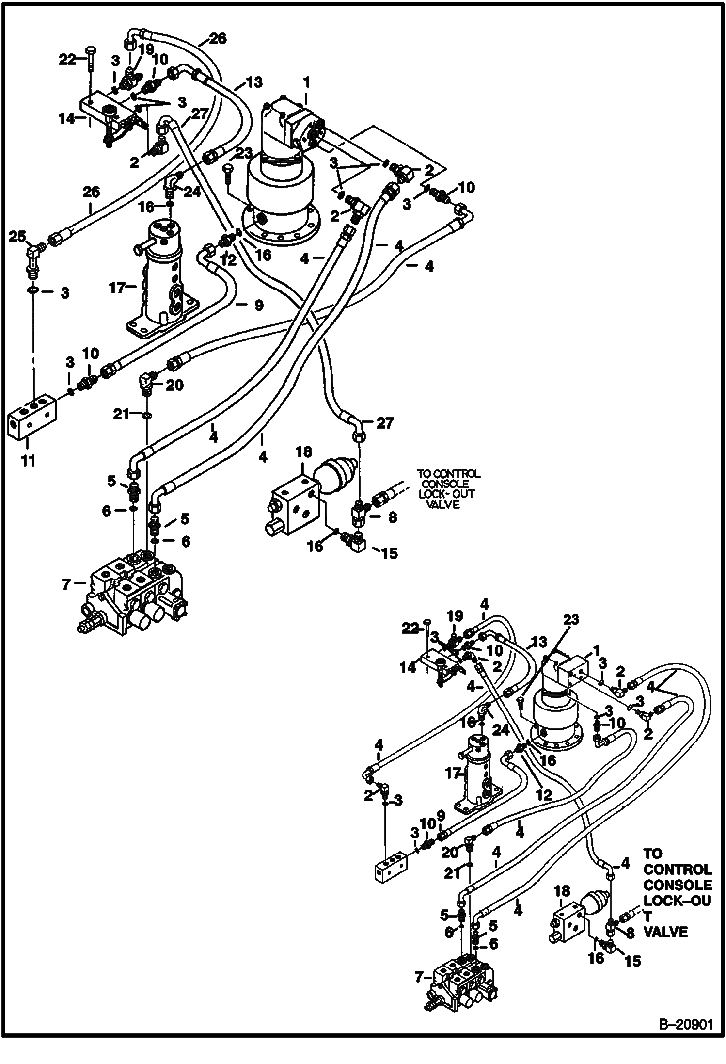 Схема СХЕМА ГИДРАВЛИЧЕСКОЙ СИСТЕМЫ (ИЗ КЛАПАНА В ГИДРОМОТОР ПОВОРОТА ПЛАТФОРМЫ В 2-СКОРОСТНОЙ КЛАПАН)