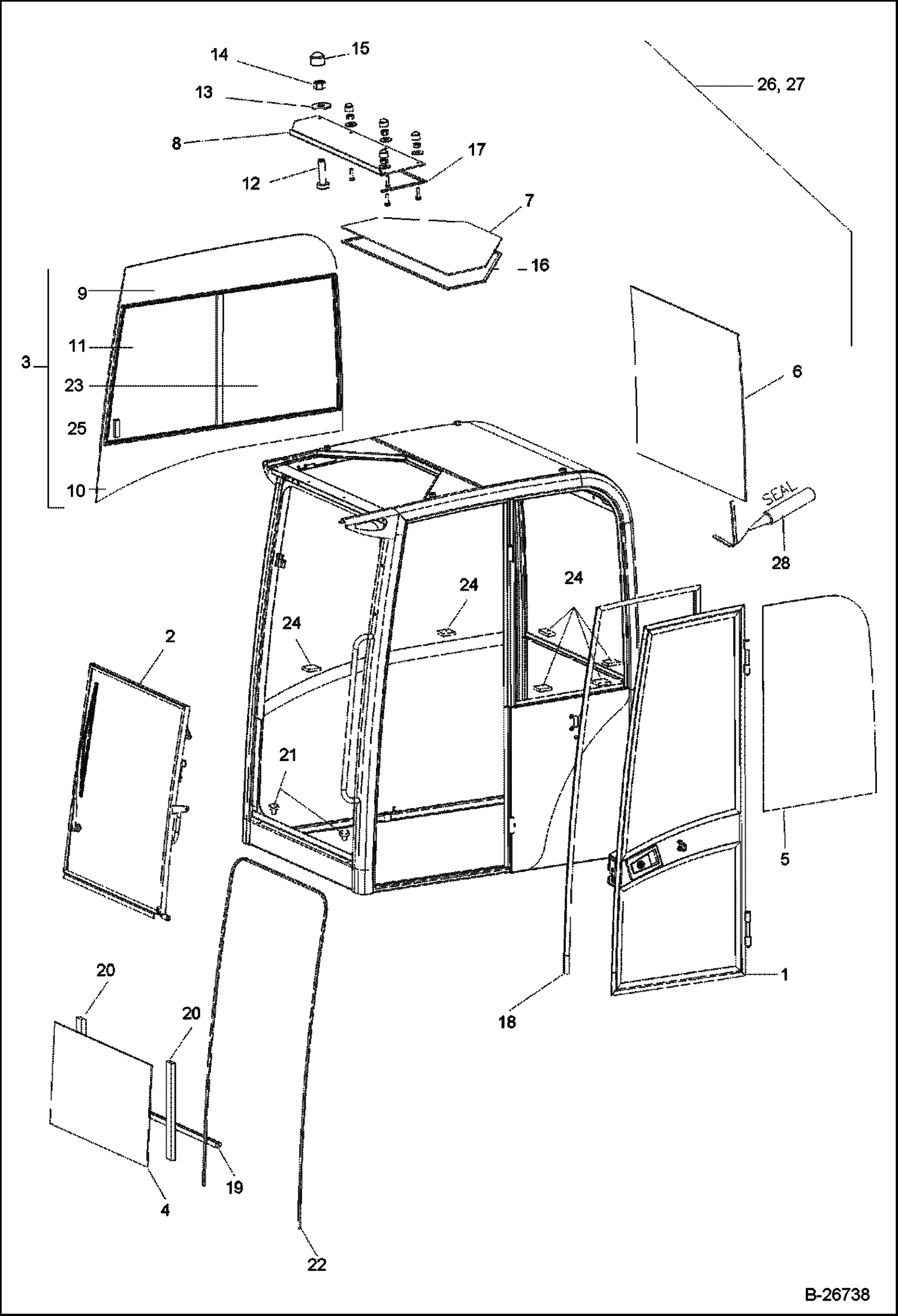 Схема КАБИНА ОПЕРАТОРА КЛАСС - СКРЕПЛЕННЫЕ ЦЕМЕНТОМ ПАНЕЛИ ОСТЕКЛЕНИЯ КАБИНЫ - 202.042.466 И ВЫШЕ
