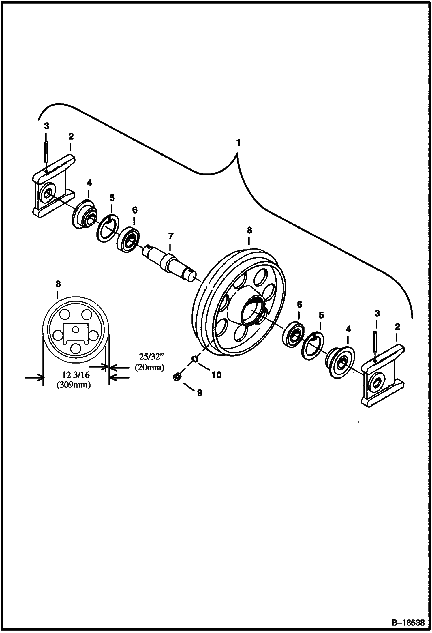 Схема ПЕРЕДНЕЕ НАТЯЖНОЕ КОЛЕСО (ДЛЯ ВСЕХ РЕЗИНОВЫХ ГУСЕНИЦ - КРОМЕ ЕВРОПЕЙСКИХ МОДЕЛЕЙ) (С ПРОБКОЙ ОТВЕРСТИЯ ДЛЯ СПУСКА МАСЛА)