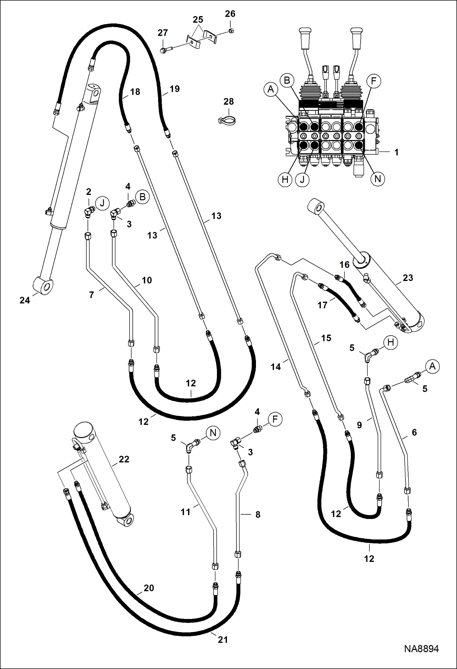ЭКСКАВАТОР-ПОГРУЗЧИК (СХЕМА ГИДРАВЛИЧЕСКОЙ СИСТЕМЫ СТРЕЛЫ) (9BH B38Y)