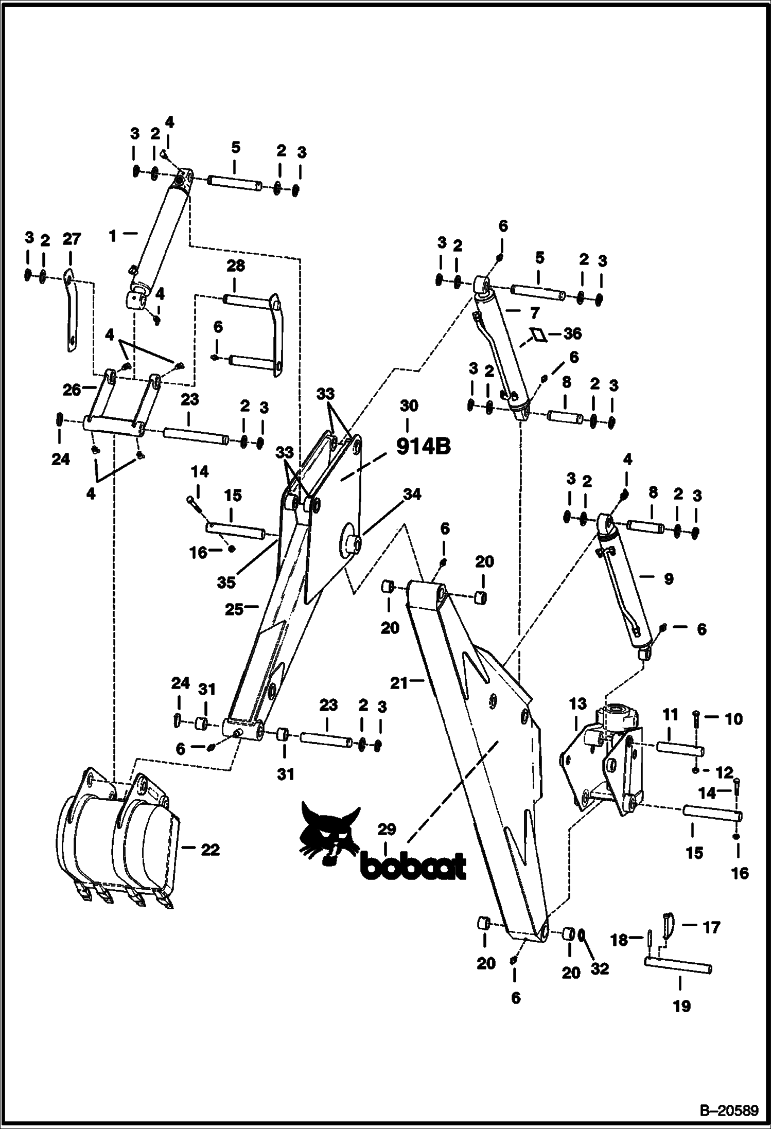 Схема ЭКСКАВАТОР-ПОГРУЗЧИК (СТРЕЛА И РУКОЯТЬ СТРЕЛЫ ЧЕРПАКА) (914B)