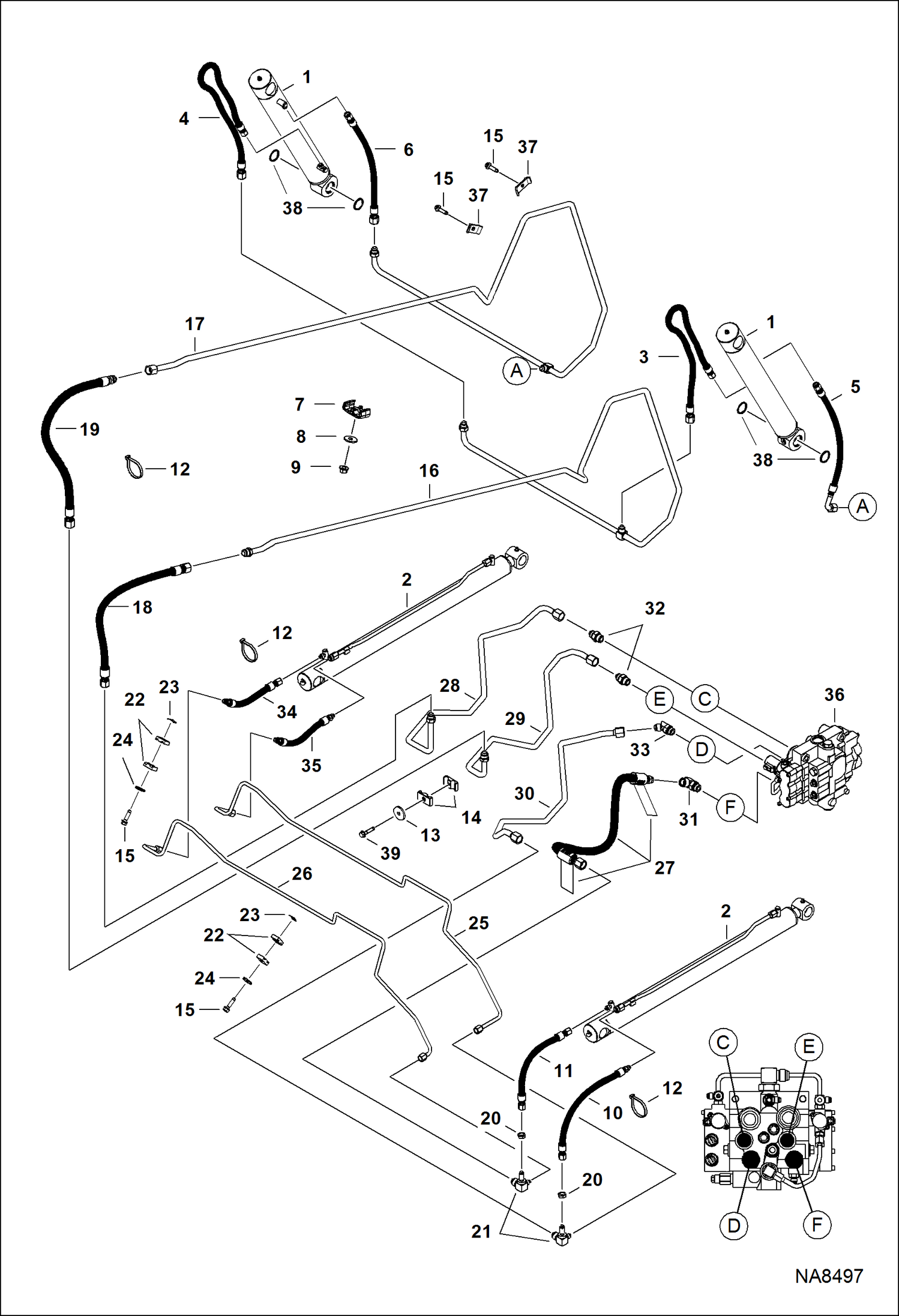 СХЕМА ГИДРАВЛИЧЕСКОЙ СИСТЕМЫ (БЕЗ СОЕДИНИТЕЛЬНОЙ ПАНЕЛИ ОБВОДНОГО КЛАПАНА)