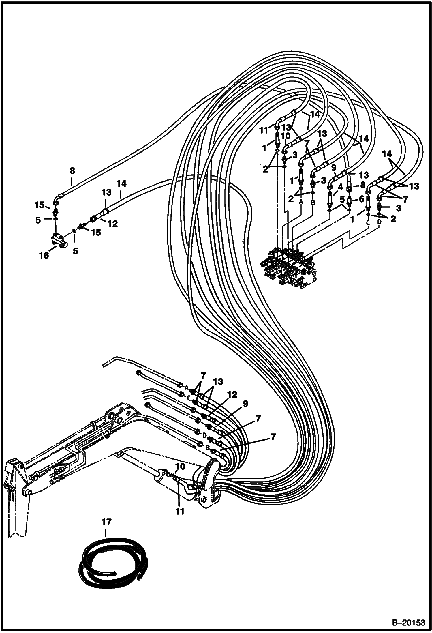 СХЕМА ГИДРАВЛИЧЕСКОЙ СИСТЕМЫ (СТРЕЛА, РУКОЯТЬ, КОВШ И ВСПОМОГАТЕЛЬНОЕ ОБОРУДОВАНИЕ)