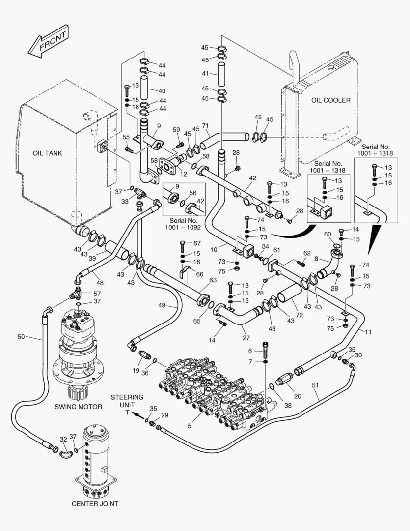 ТРУБОПРОВОД НИЗКОГО ДАВЛЕНИЯ(1)-ПОВОРОТ СТРЕЛЫ