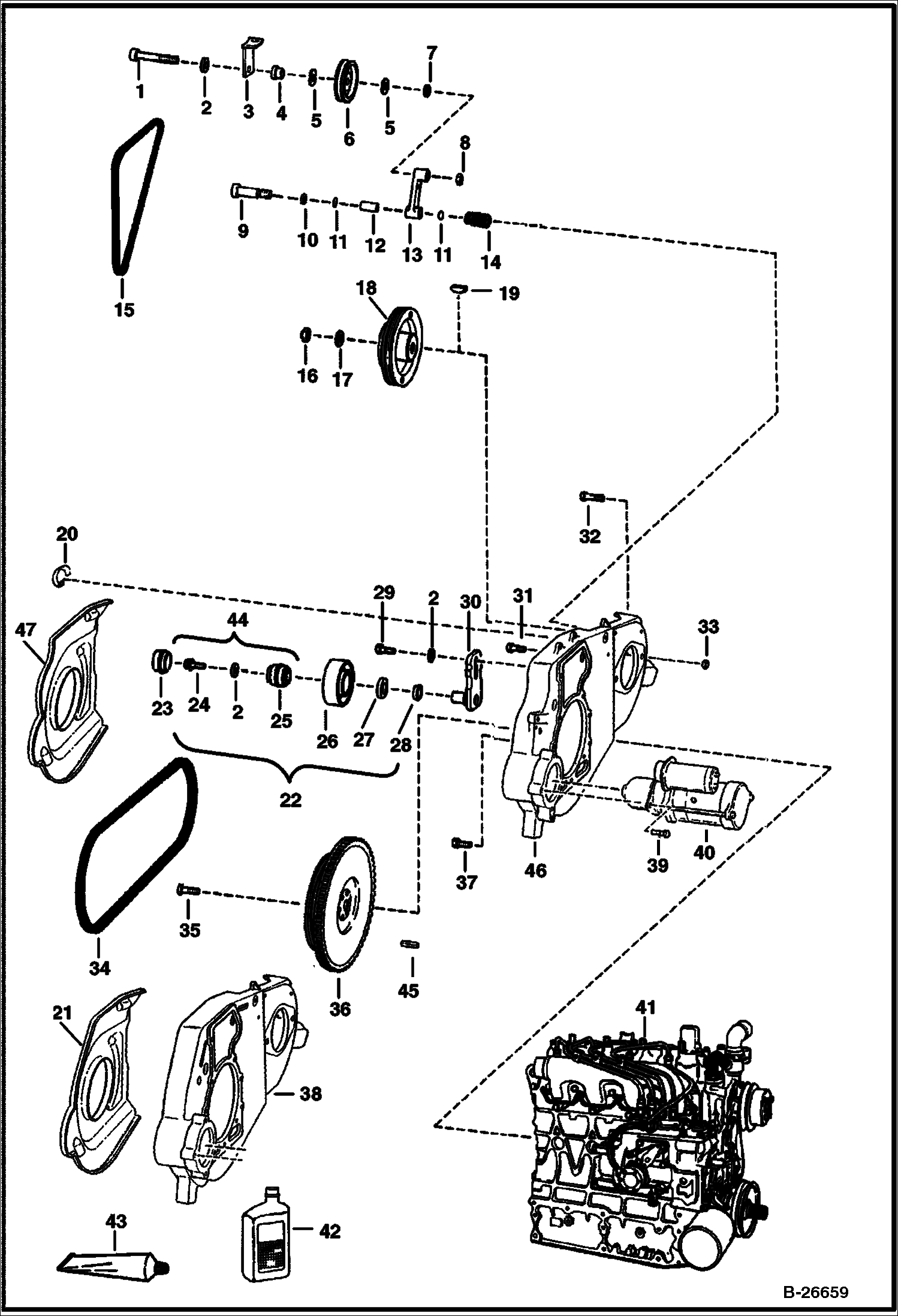 ДВИГАТЕЛЬ И КРЕПЕЖНЫЕ ДЕТАЛИ (СИСТЕМА РЕМНЕЙ ПРИВОДА - С НЕПОДВИЖНЫМ НАТЯЖНЫМ КОЛЕСО)