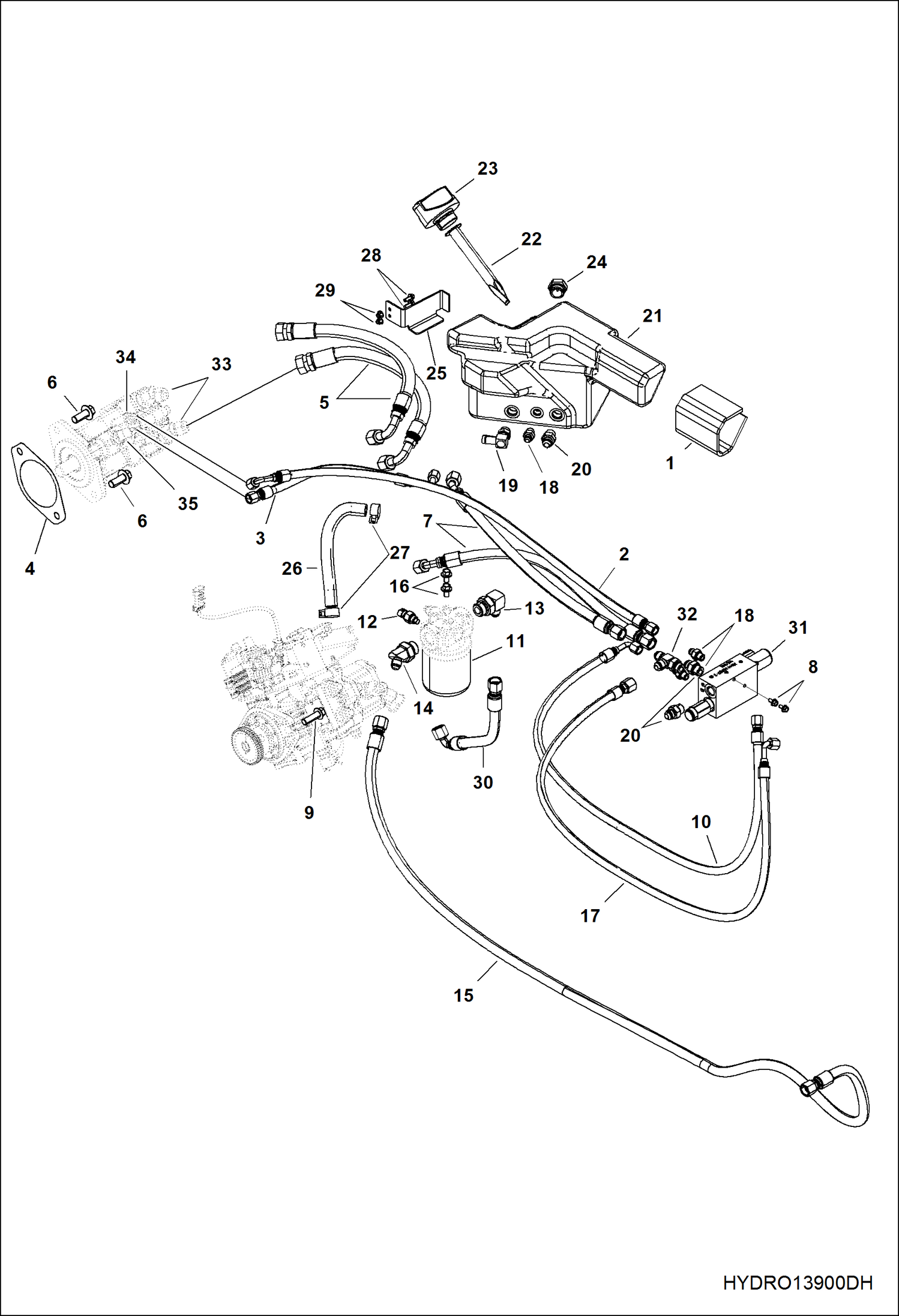 СХЕМА ГИДРАВЛИЧЕСКОЙ СИСТЕМЫ (НАСОС, ДВИГАТЕЛЬ И БАК) (СЕРИЙНЫЙ НОМЕР AVW220001 И ВЫШЕ)