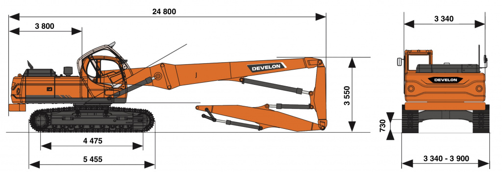 Схема Разрушитель Develon (Doosan) DX530DM с вылетом на 32 000 мм.